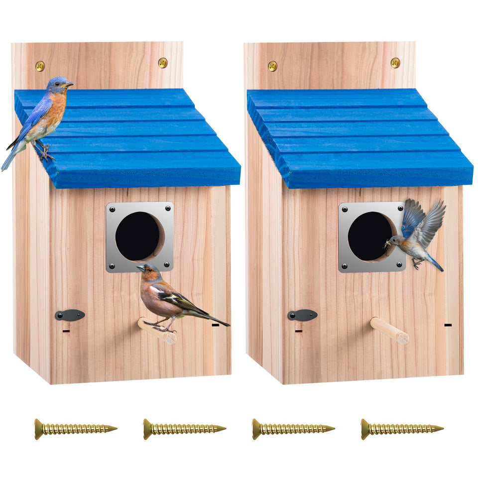 Dreyoo cedar bluebird box two-pack outdoors for backyard bird watching.