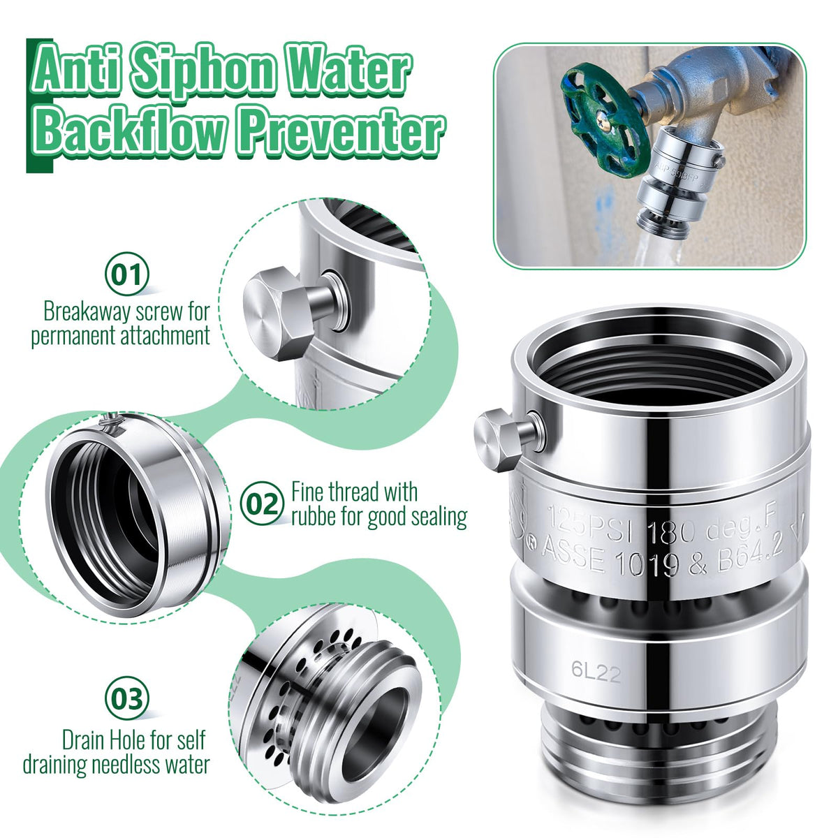 Dreyoo backflow preventer with metal body resists corrosion.