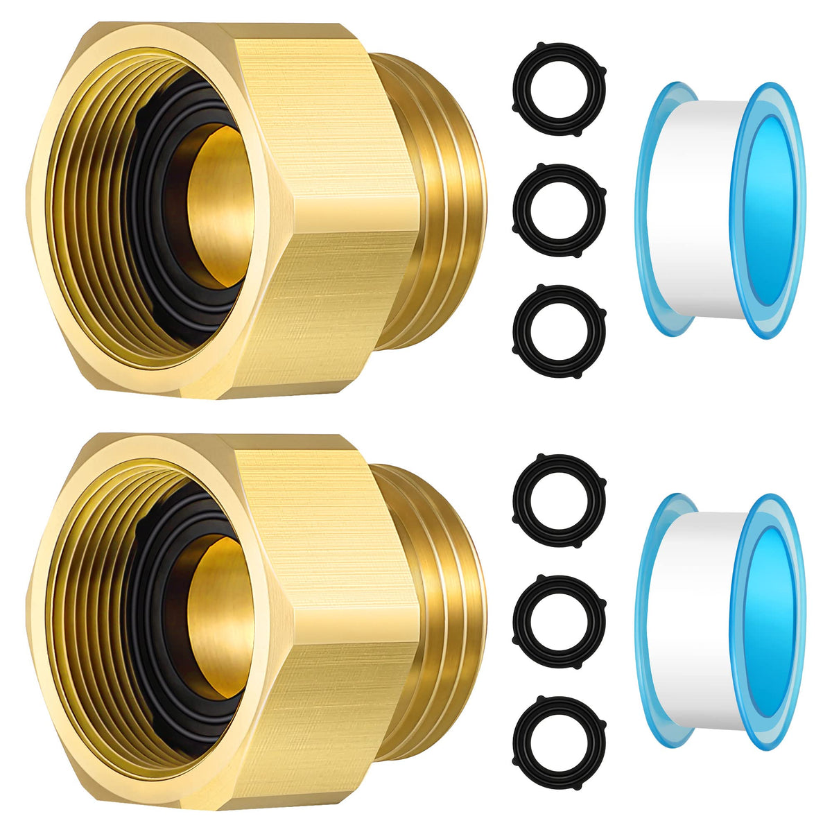 Dreyoo brass hose bib adapter pair shown, durable connection to prevent leaks and boost flow.