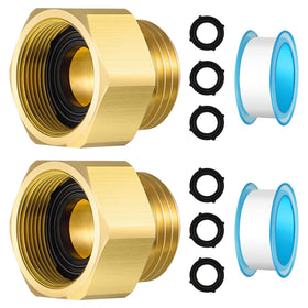 Dreyoo brass hose bib adapter pair shown, durable connection to prevent leaks and boost flow.