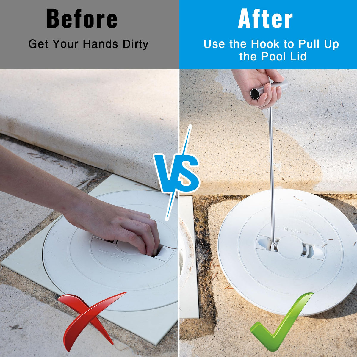 Dreyoo debris removal hook in action, reaching into pool for cleanup.