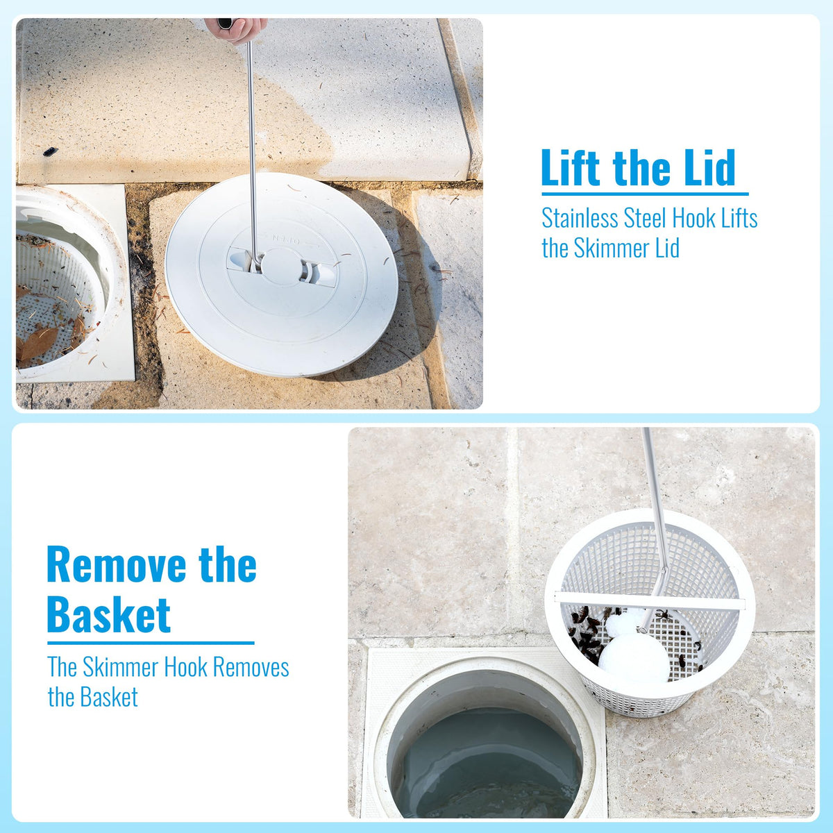 Dreyoo knee saver design reduces bending while lifting skimmer baskets.