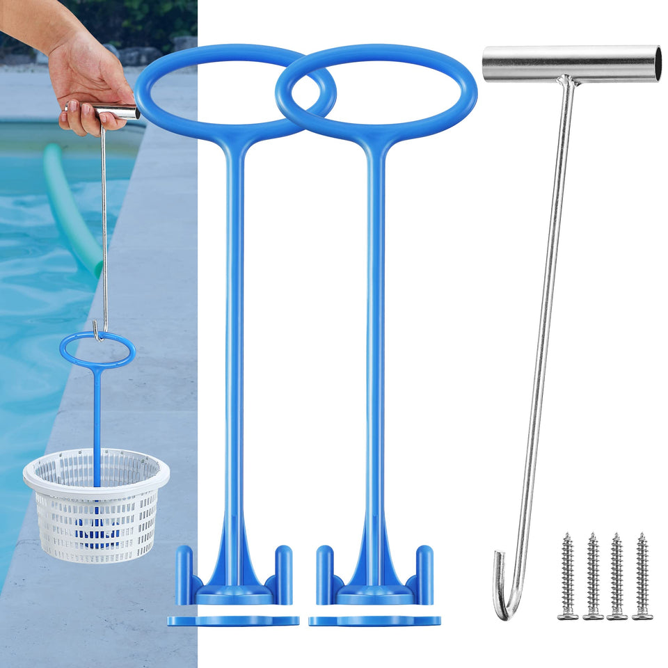 Dreyoo pool skimmer basket handle installed on a blue skimmer for hands free debris removal.