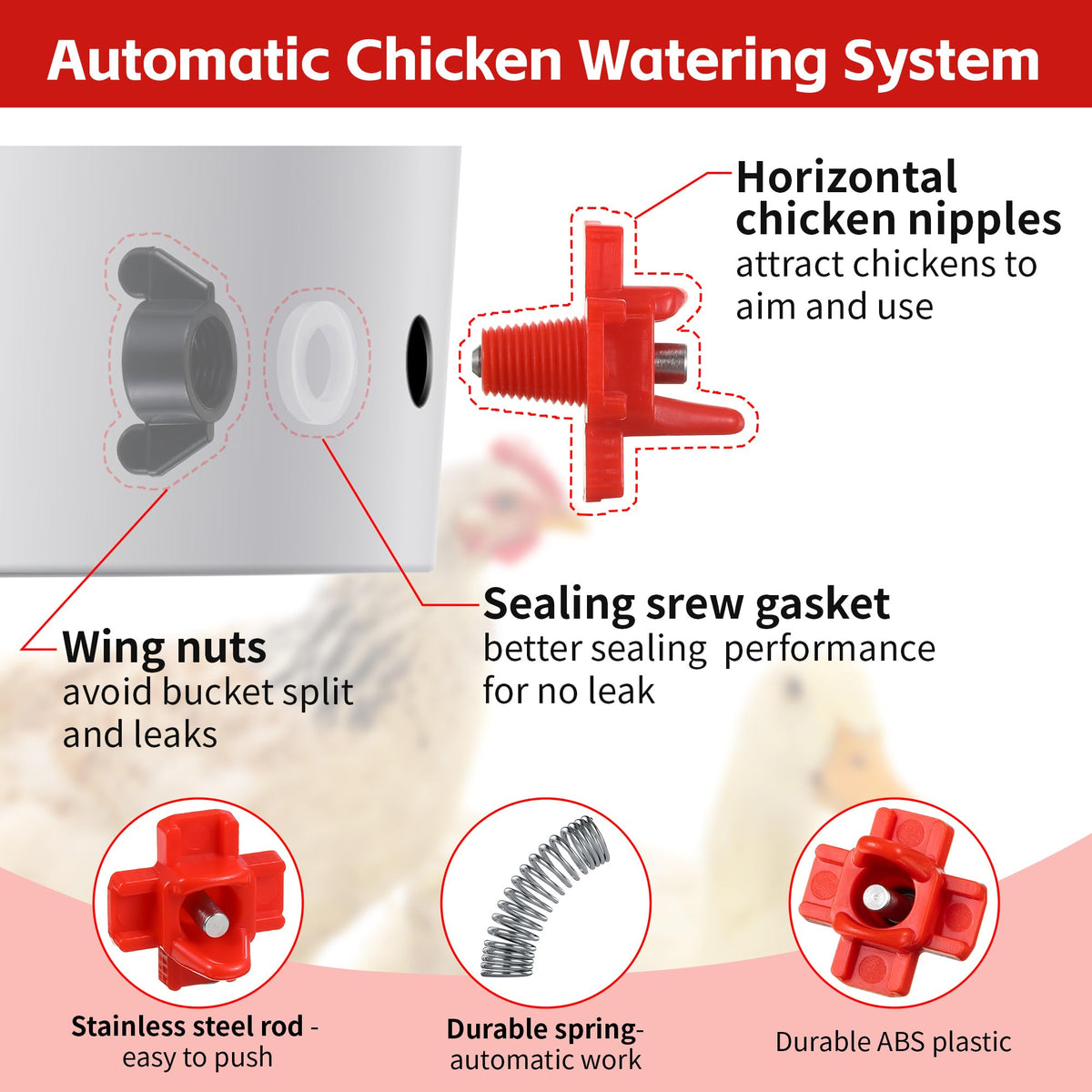 Dreyoo red chicken water nipple in use attracting birds for quick adaptation