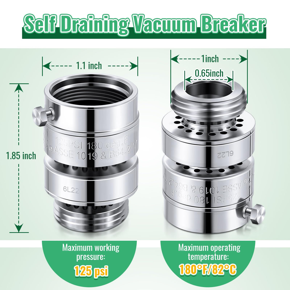 Dreyoo self-draining unit shows threaded inlet to 3/4-in GHT outlet for versatile plumbing.