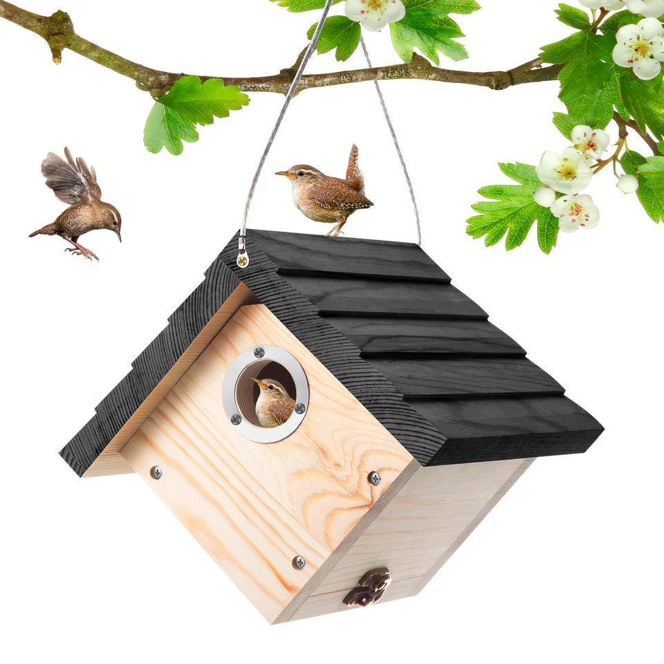 Dreyoo Wren House front view showing sturdy pine construction for outdoor nesting