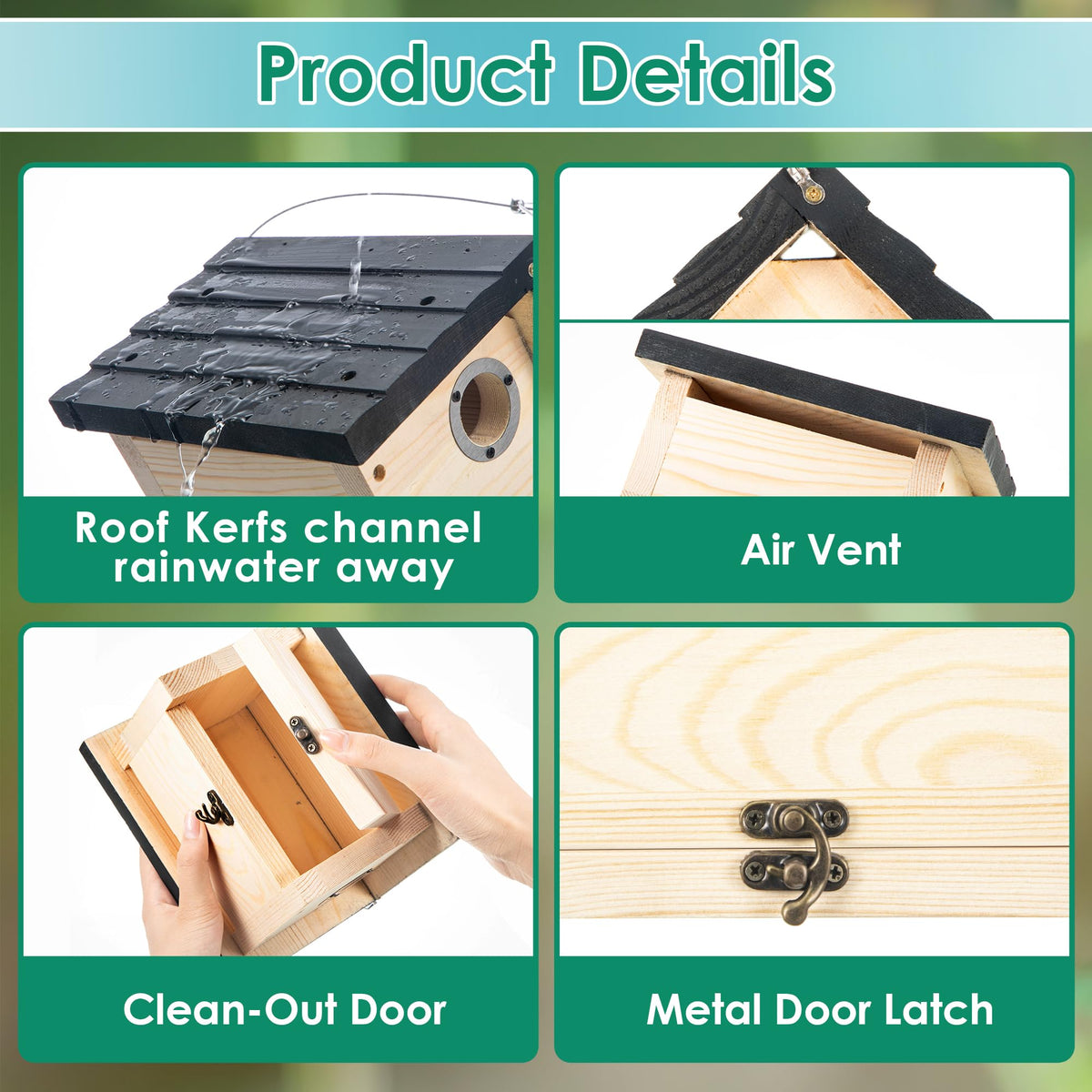 Dreyoo Wren House weather-resistant pine roof supports long-lasting outdoor use