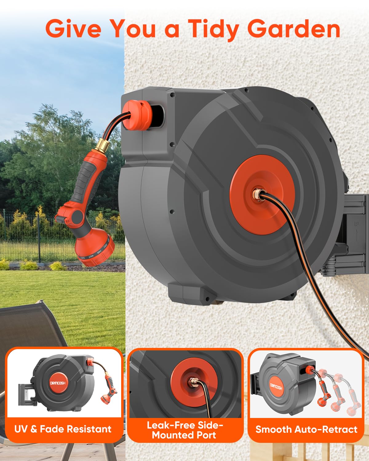 DRINCOSH automatic rewind keeps cords tidy with any-length lock.