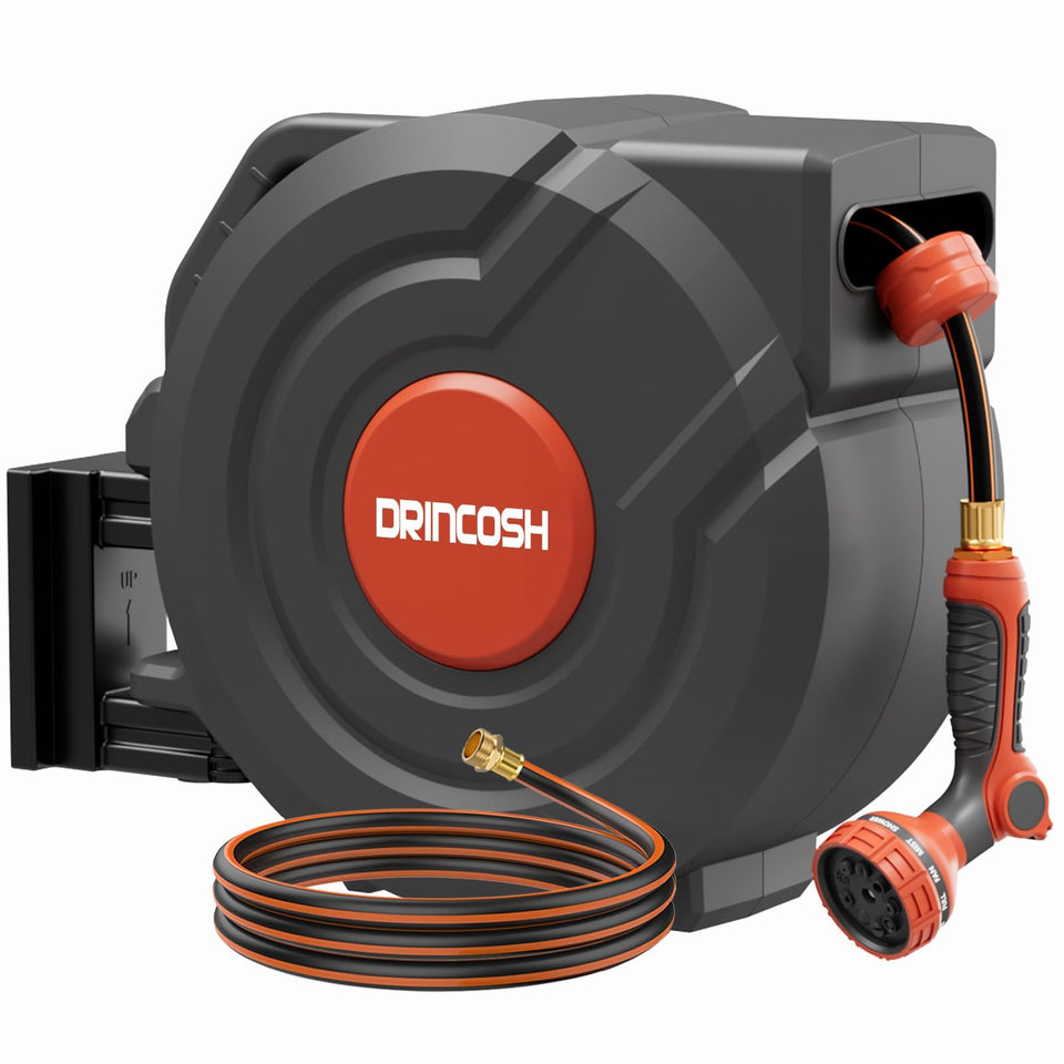 DRINCOSH retractable hose reel 90ft with smooth auto-rewind for tidy, efficient watering.