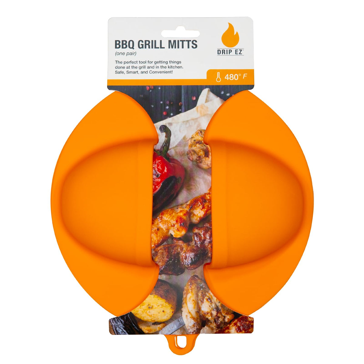 Drip EZ BBQ Mitts front view showing sturdy silicone grip for safe hot handling.