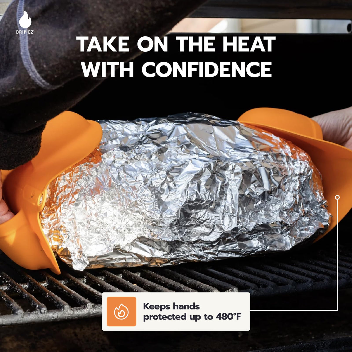 Drip EZ BBQ Mitts on hand gripping hot grill safely during searing and flipping.