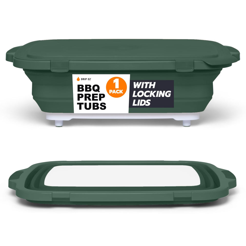 Drip EZ collapsible BBQ prep tub with cutting board and lid for easy meal prep