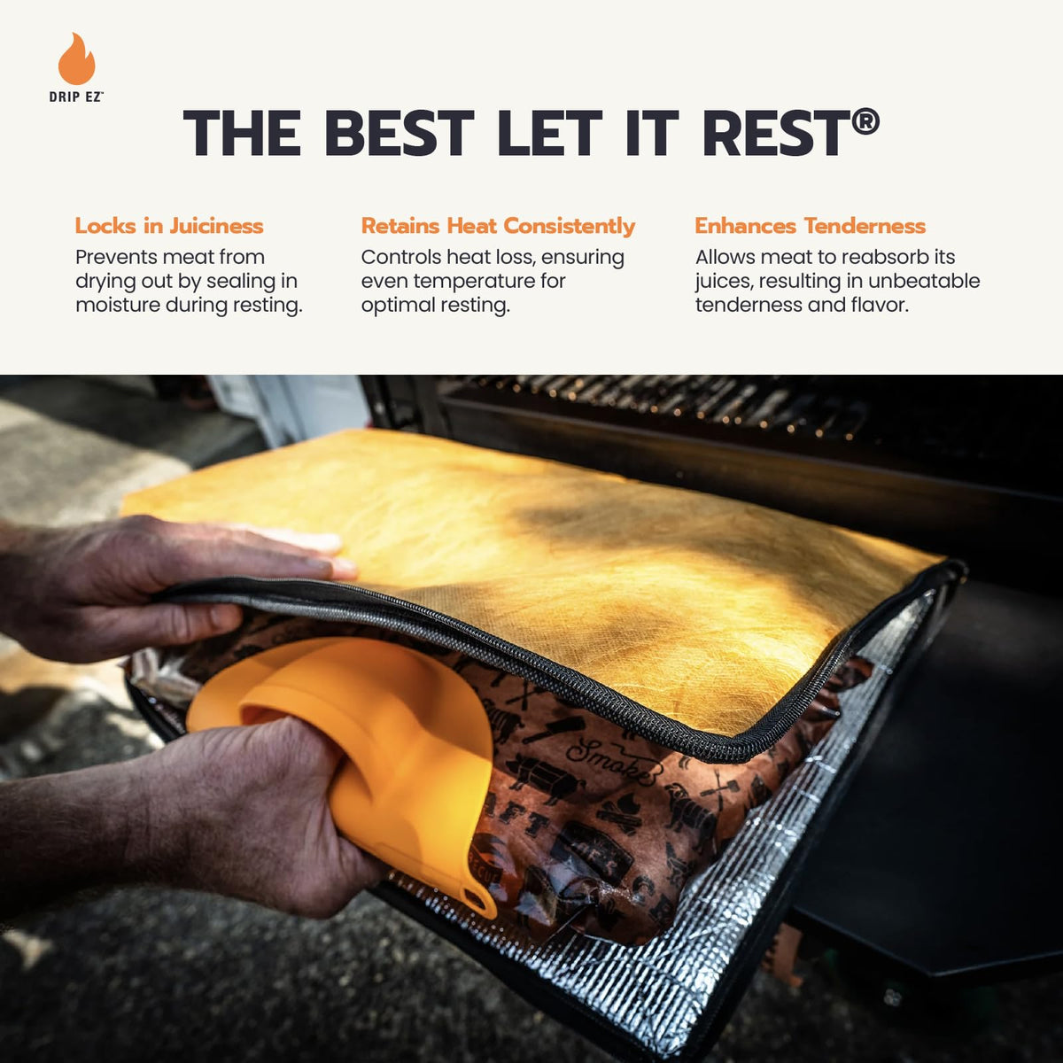 Drip EZ Rest EZ BBQ Blanket interior insulation helps retain moisture during resting.