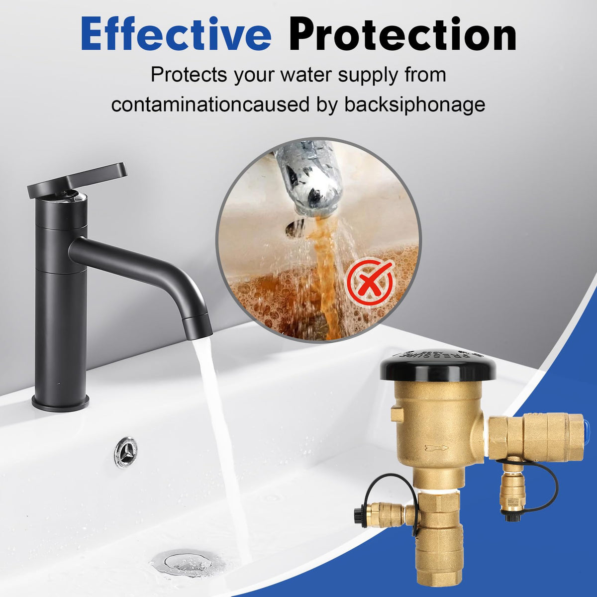 Drizzlen brass backflow preventer on hose bib protects clean water.