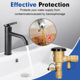Drizzlen brass backflow preventer on hose bib protects clean water.