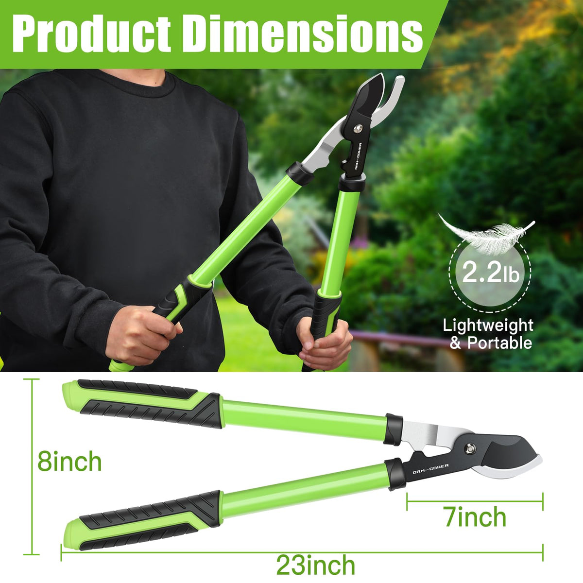 DRM-GDNER loppers with triangular steel tube for rigid pruning leverage.