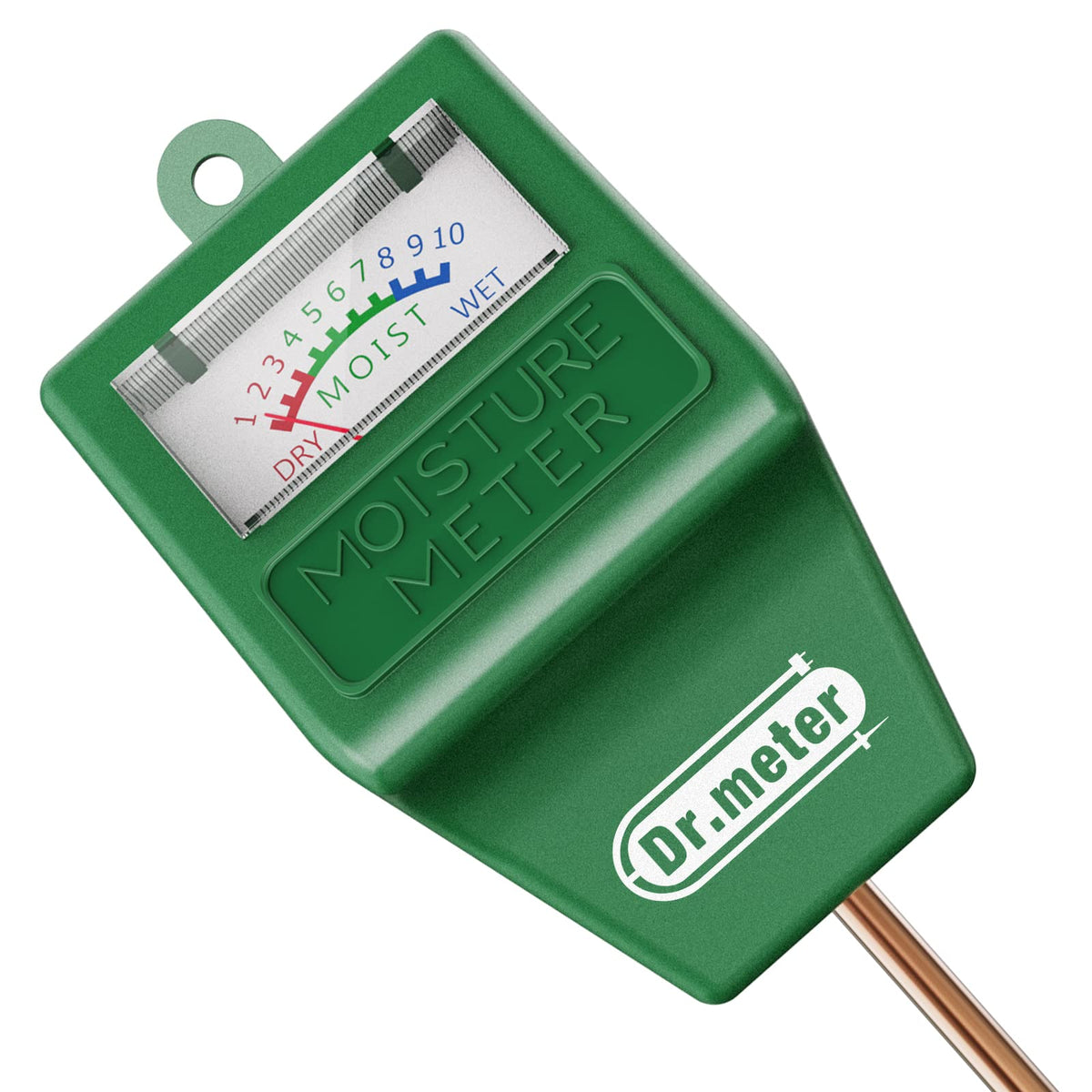 Dr.meter soil moisture meter inserted in soil showing moisture level for precise watering