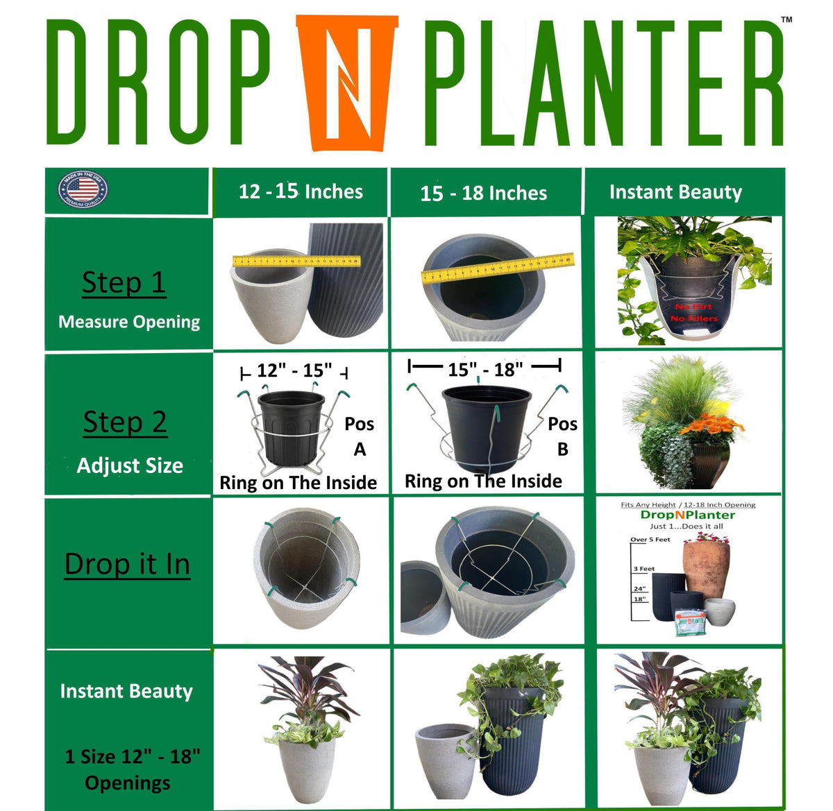 Drop N Planter installs without tools for indoor or outdoor displays.