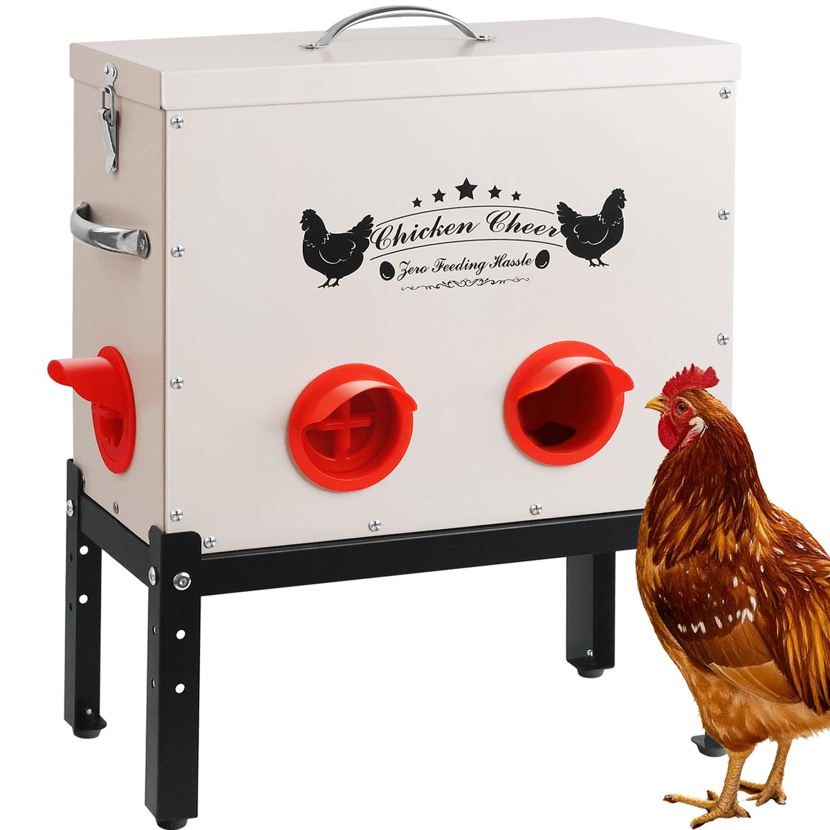 DRQ 30 lb automatic chicken feeder front view, durable metal construction for outdoor coops.