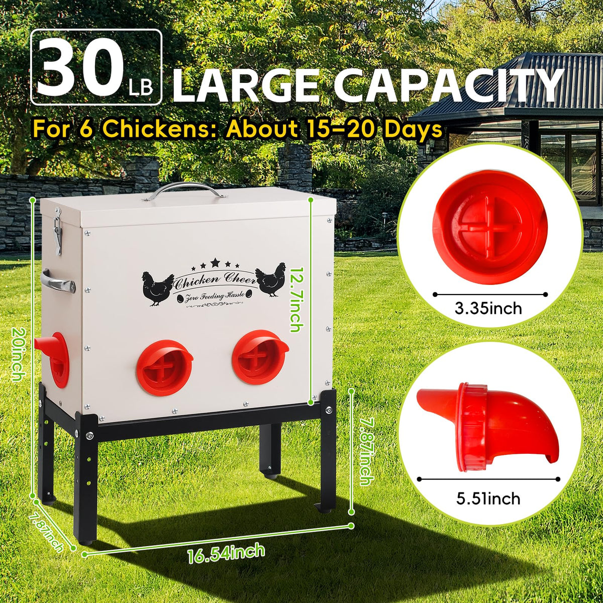 DRQ 30 lb automatic chicken feeder side view, large capacity reduces refills for busy flocks.
