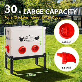 DRQ 30 lb automatic chicken feeder side view, large capacity reduces refills for busy flocks.