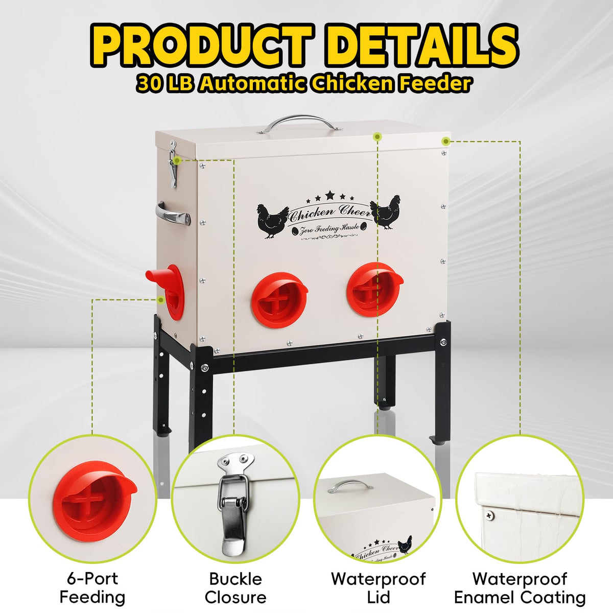 DRQ 6 no-waste ports close-up, minimizes feed scatter and keeps ground cleaner.
