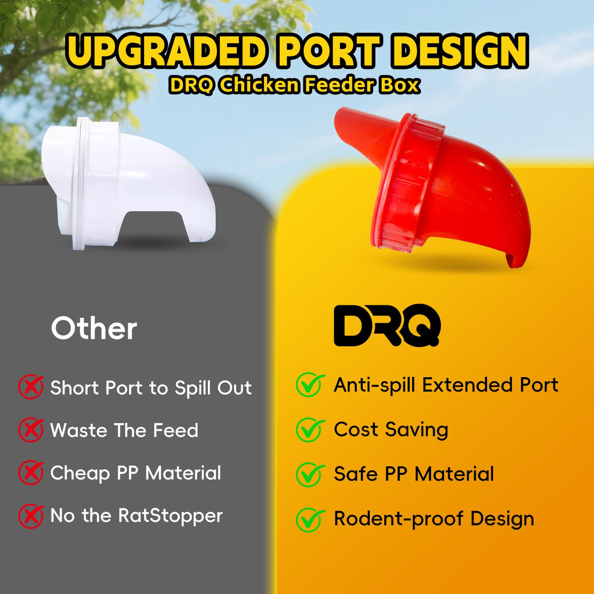 DRQ waterproof metal design, resists rain and humidity in outdoor coops.