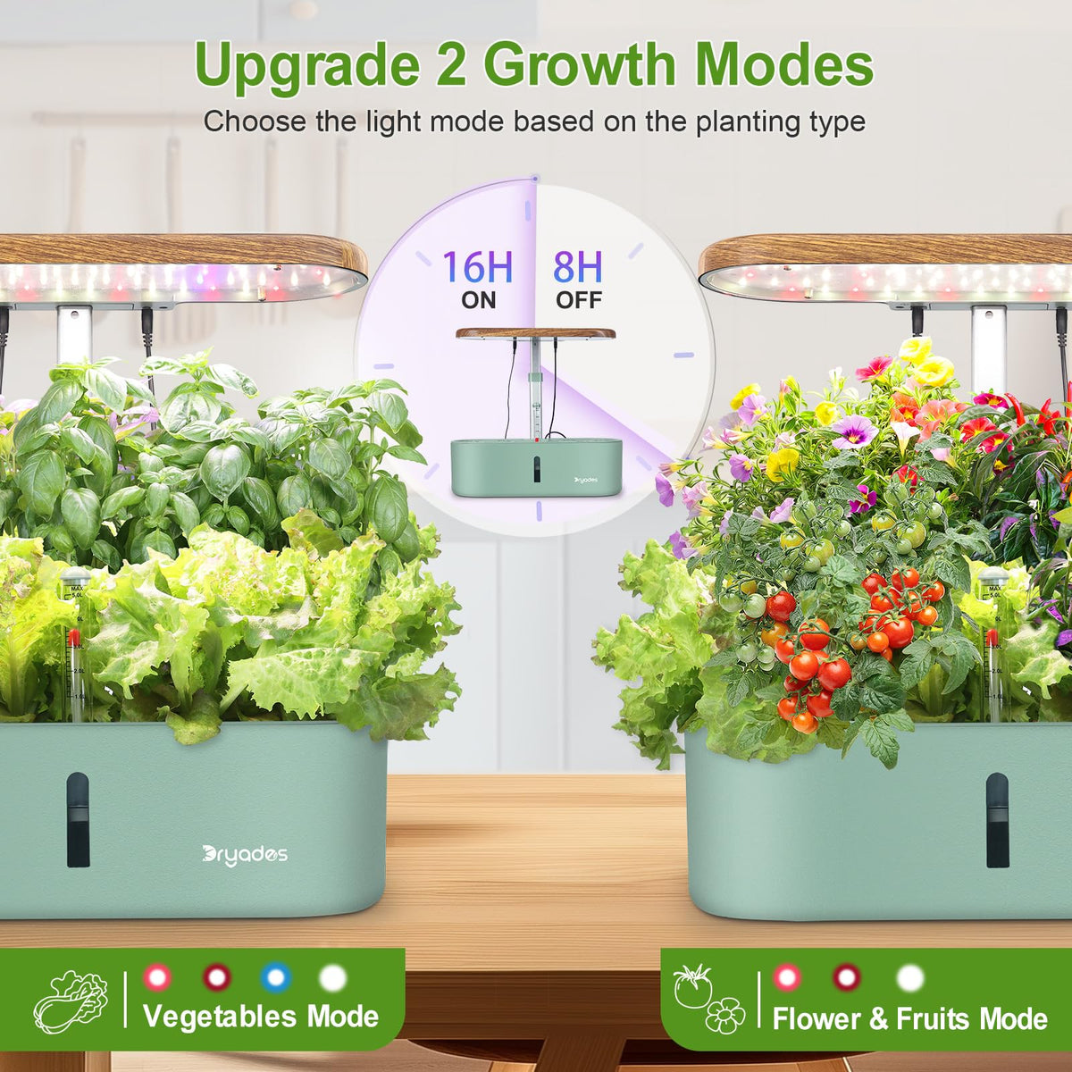 DRYADES height-adjustable grow light supports taller plants through the season.