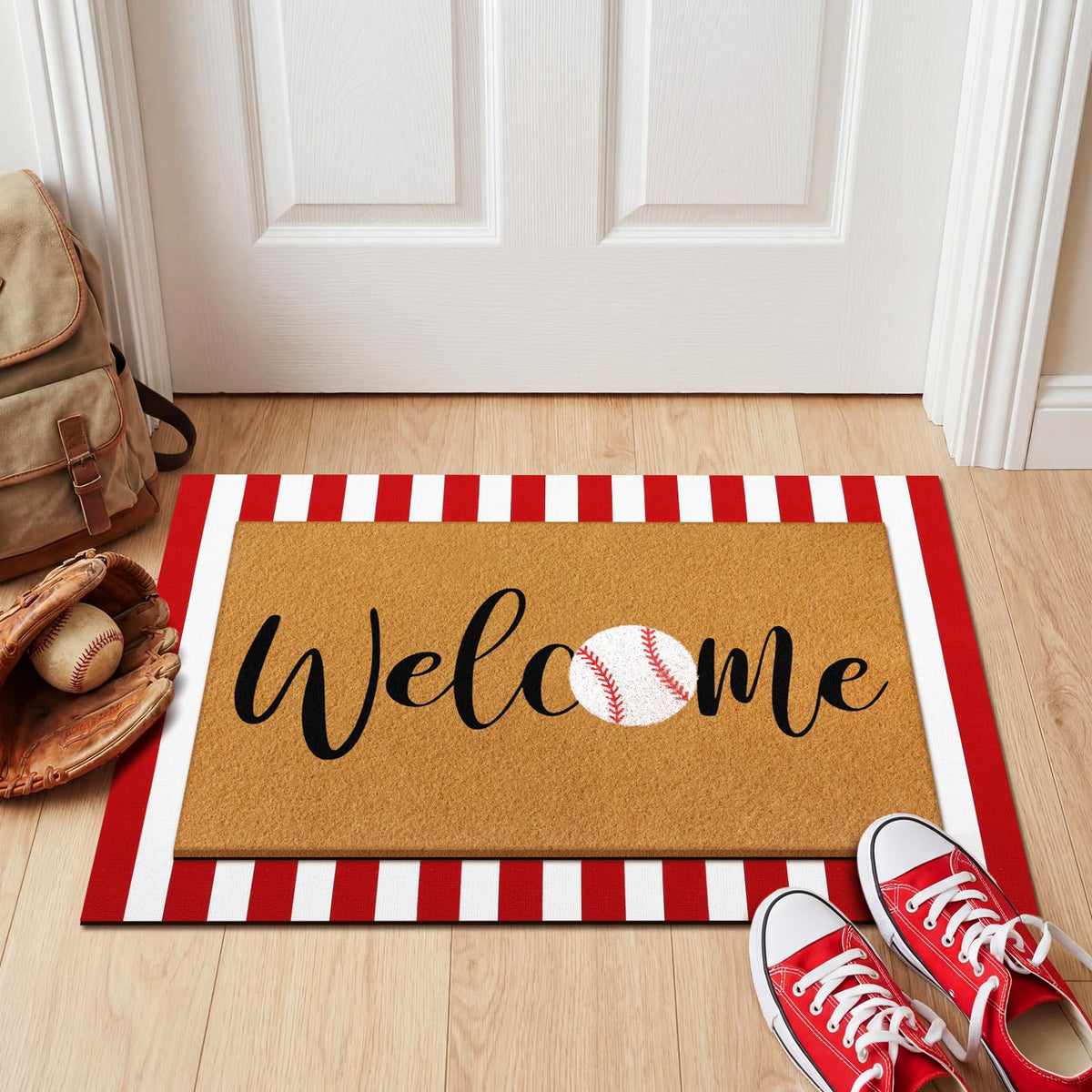Drydiet baseball striped outdoor rug, bold red and white accents brighten the entrance