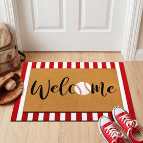 Drydiet baseball striped outdoor rug, bold red and white accents brighten the entrance