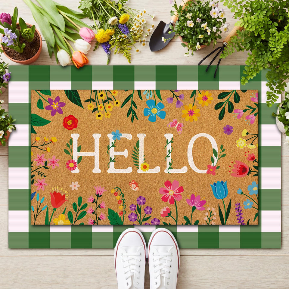 Drydiet floral Hello coir doormat welcomes guests with spring charm