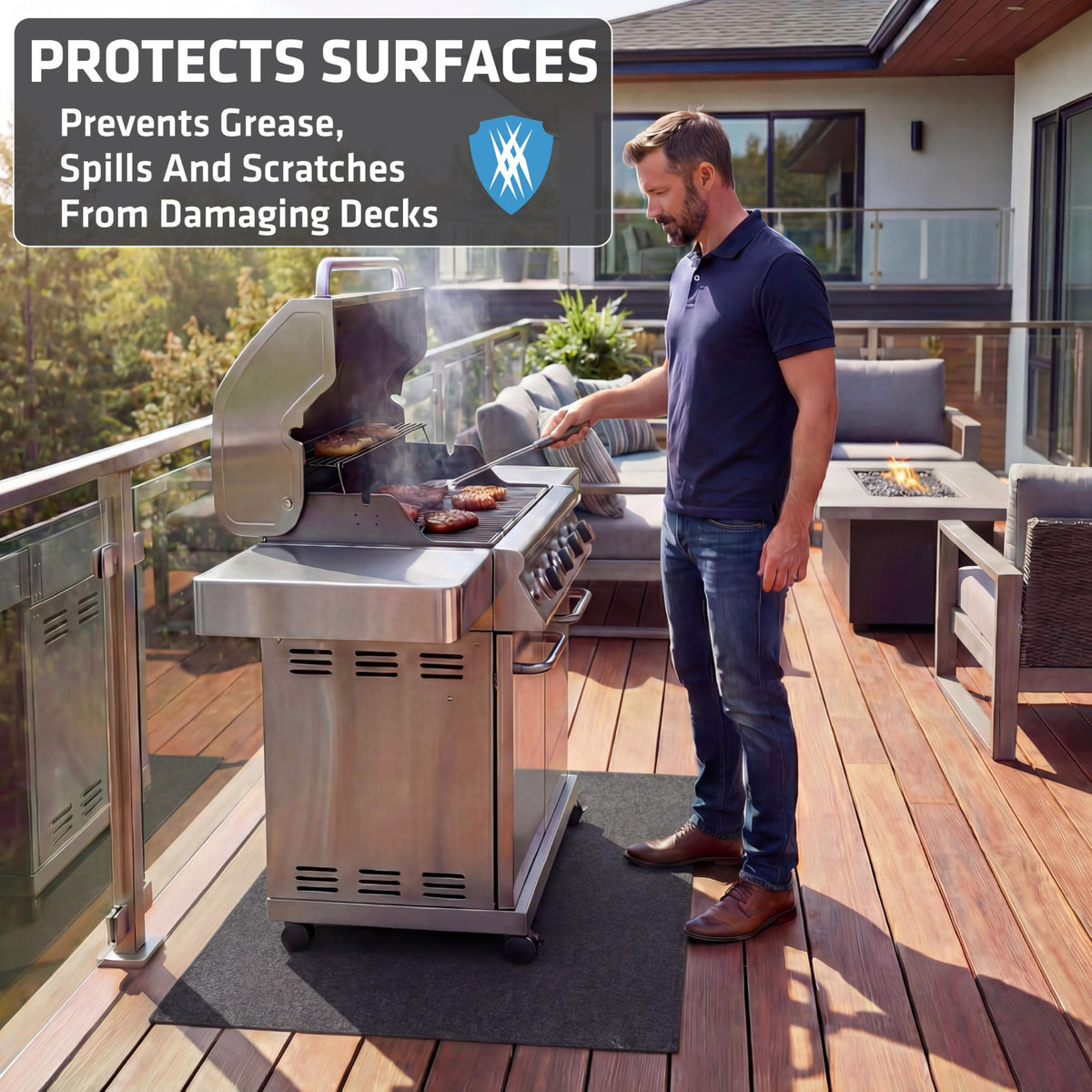 Drymate grill mat's absorbent fabric soaks up oils and sauces for a cleaner deck.