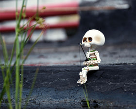 DS. DISTINCTIVE STYLE skeleton statue placed along pond edge for charm