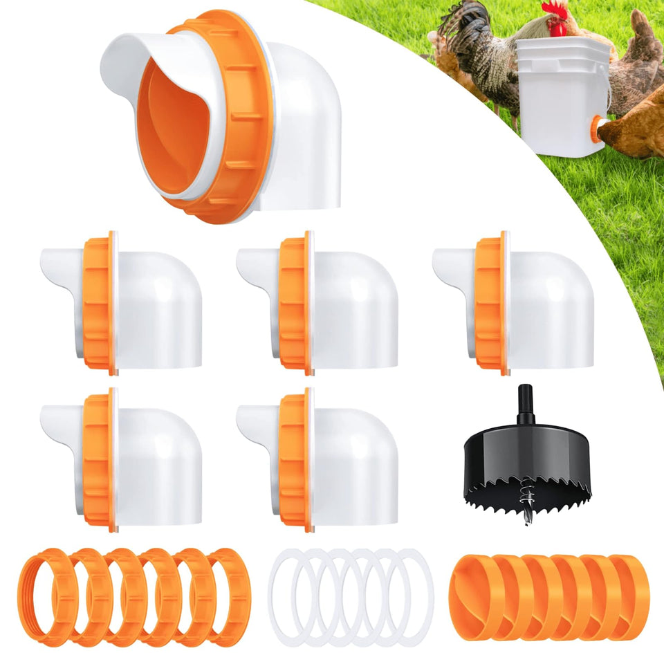 DSTANA chicken feeder port orange 6-pack with lids reduces waste and keeps feed clean.