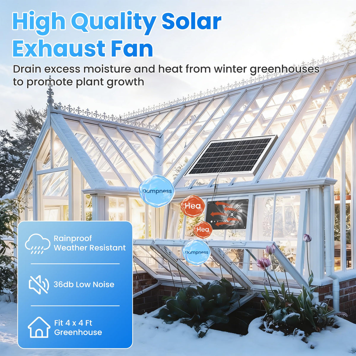 DSTANA solar fan in shed boosts air circulation in workspaces.