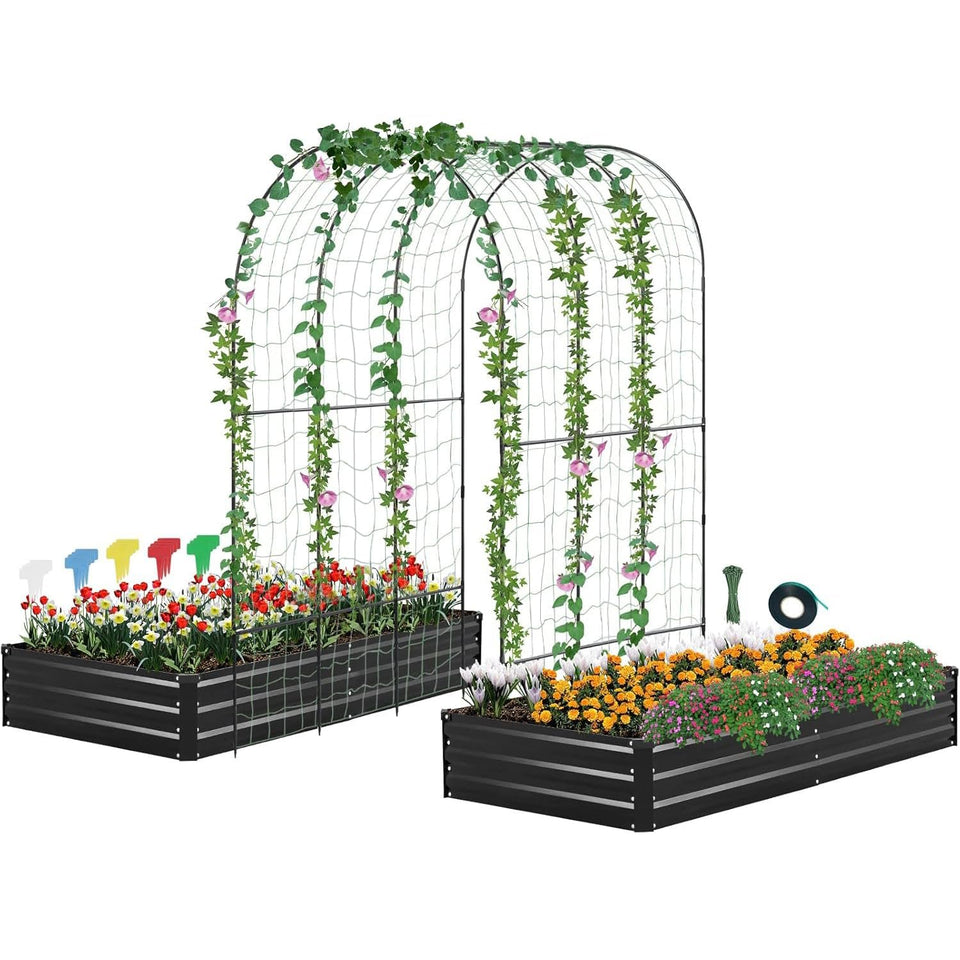 DTIG galvanized raised garden bed with trellis—durable outdoor setup for versatile planting