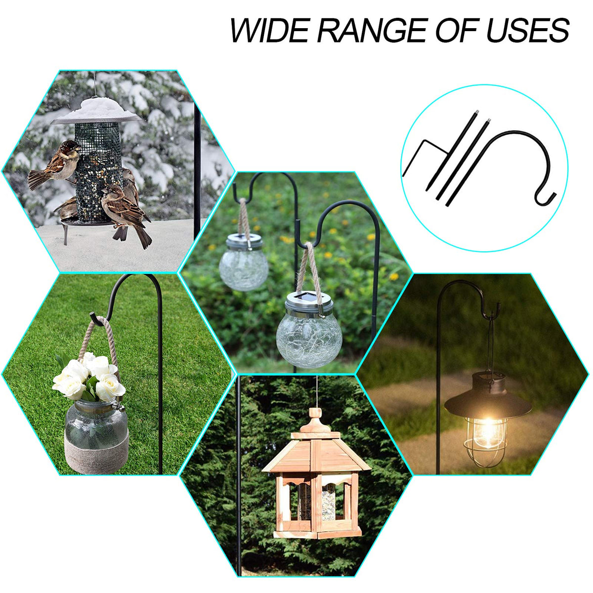 Dualshine shepherd hook holds flower pots for vibrant patio displays.