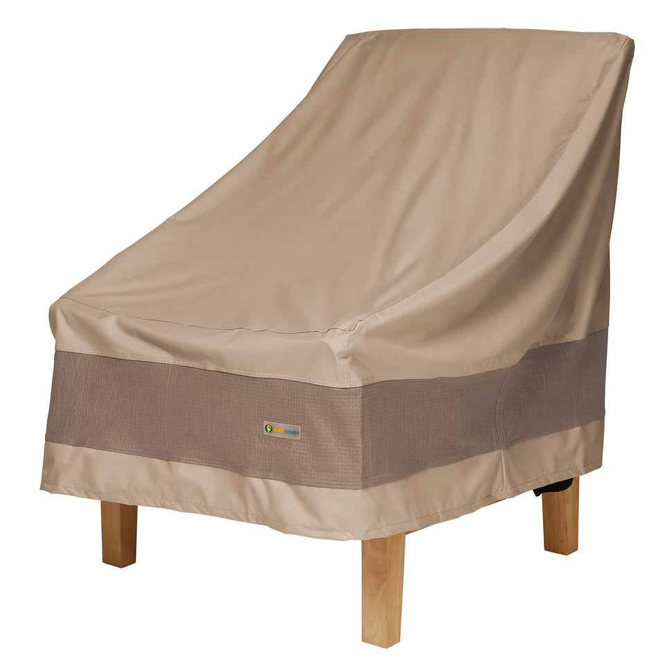 Duck Covers elegant waterproof fabric closeup guards chairs from rain and sun.