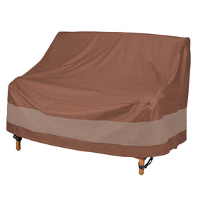 Duck Covers Ultimate waterproof loveseat cover, front view, protecting the furniture from rain and dirt.
