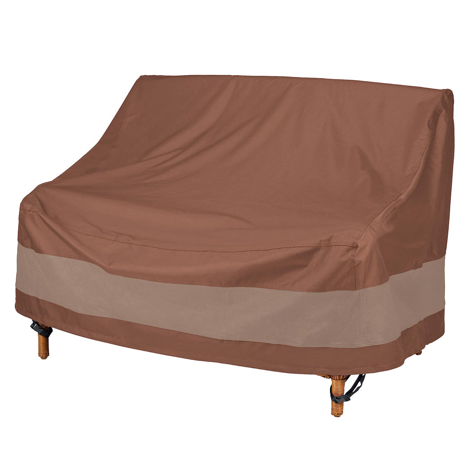 Duck Covers Ultimate waterproof loveseat cover, front view, protecting the furniture from rain and dirt.