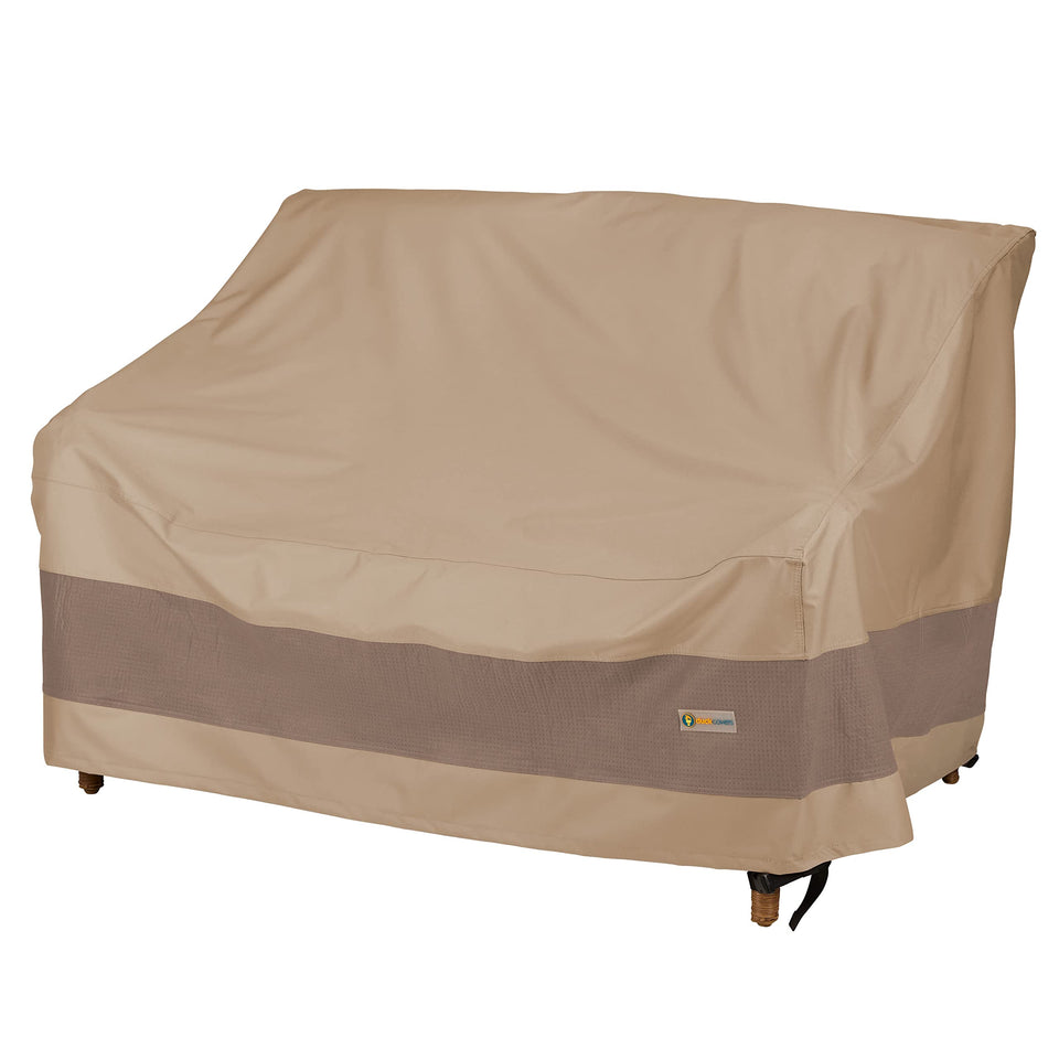Duck Covers Elegant waterproof loveseat cover shields a 52W x 35D x 35H sofa from rain.