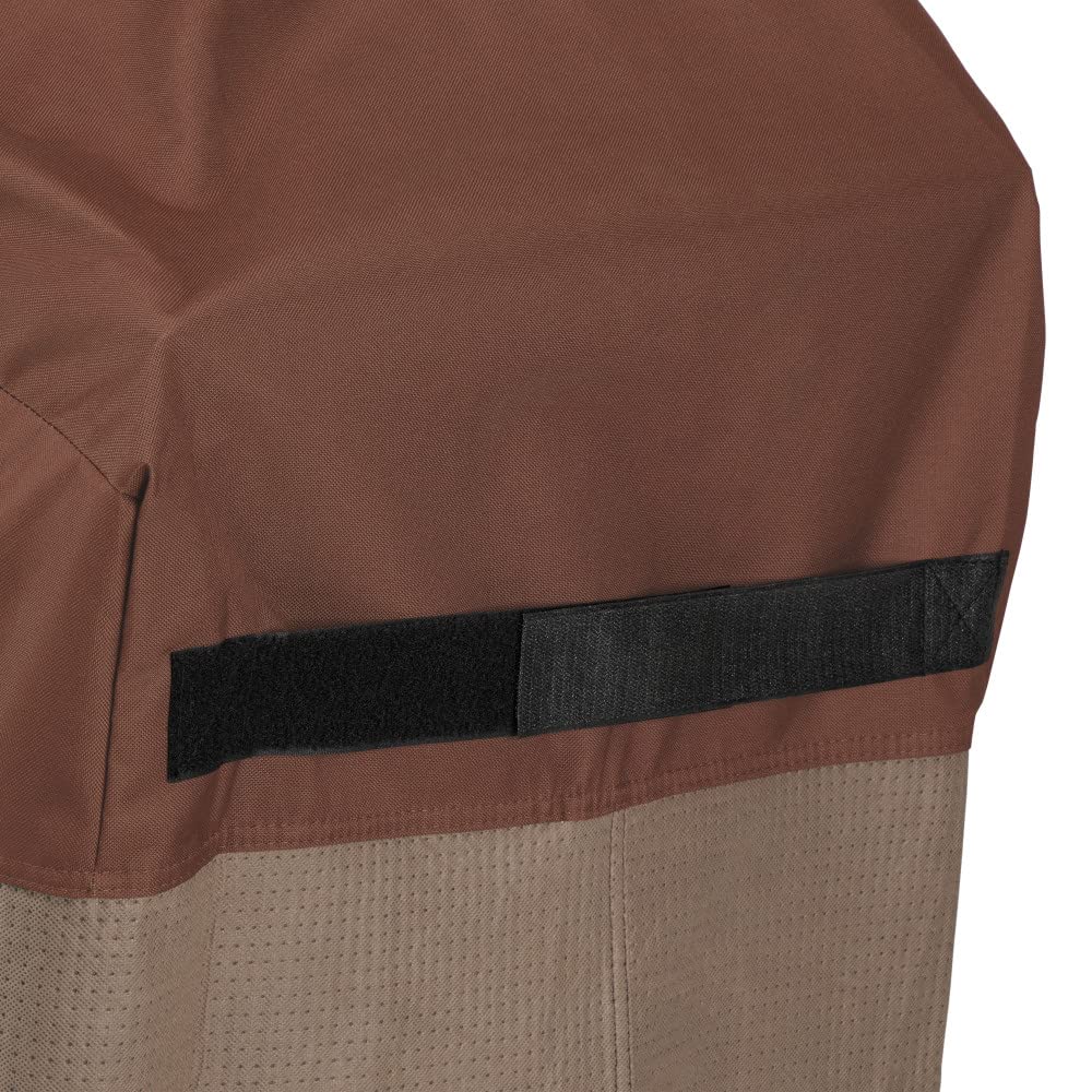 Duck Covers grill cover shows taped seams for leak protection.