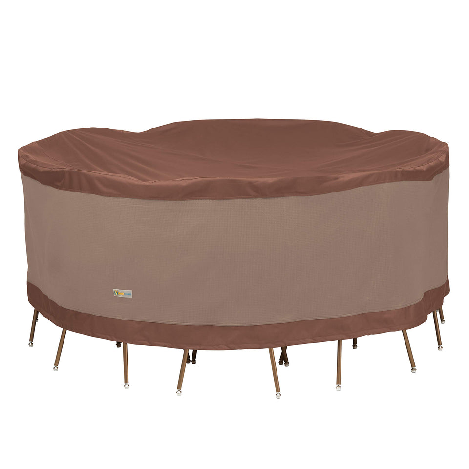 Duck Covers Ultimate round table cover for a 108-inch setup.