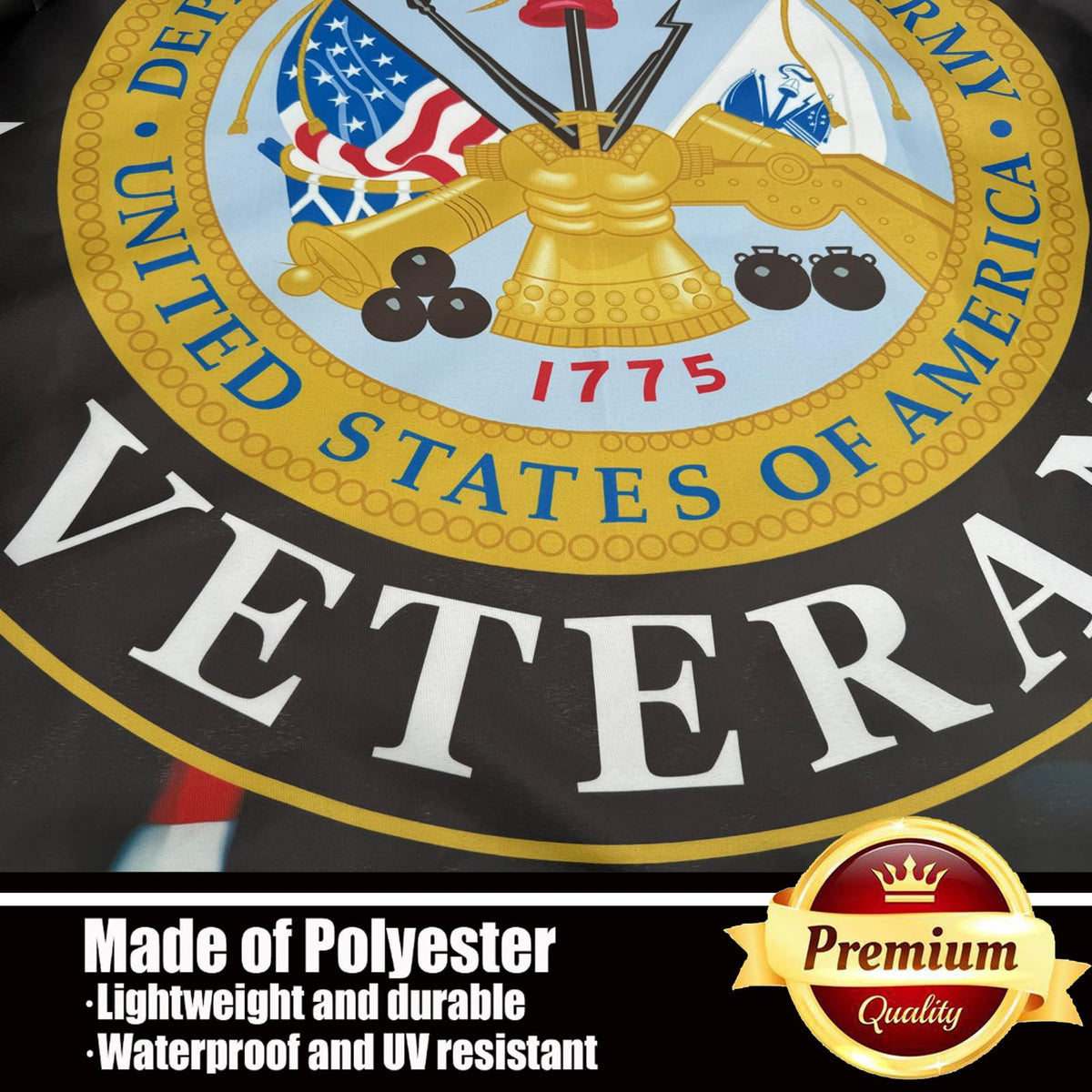 Ducuh army veteran flag showcases strong stitching for durability.