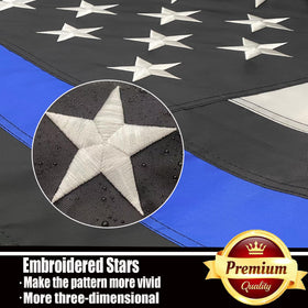 close-up embroidery on ducuh blue lives matter flag highlighting detail and quality