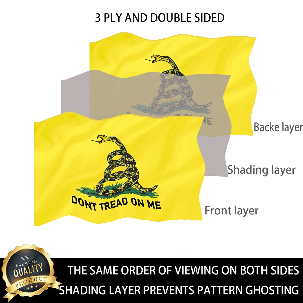 ducuh Don’t Tread on Me flag close-up shows double-sided print and vivid colors.