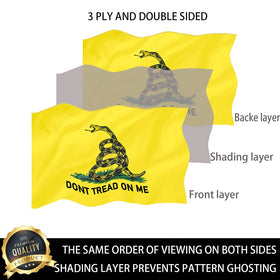 ducuh Don’t Tread on Me flag close-up shows double-sided print and vivid colors.