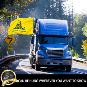 ducuh Don’t Tread on Me flag mounted for outdoor use on vehicle or porch.