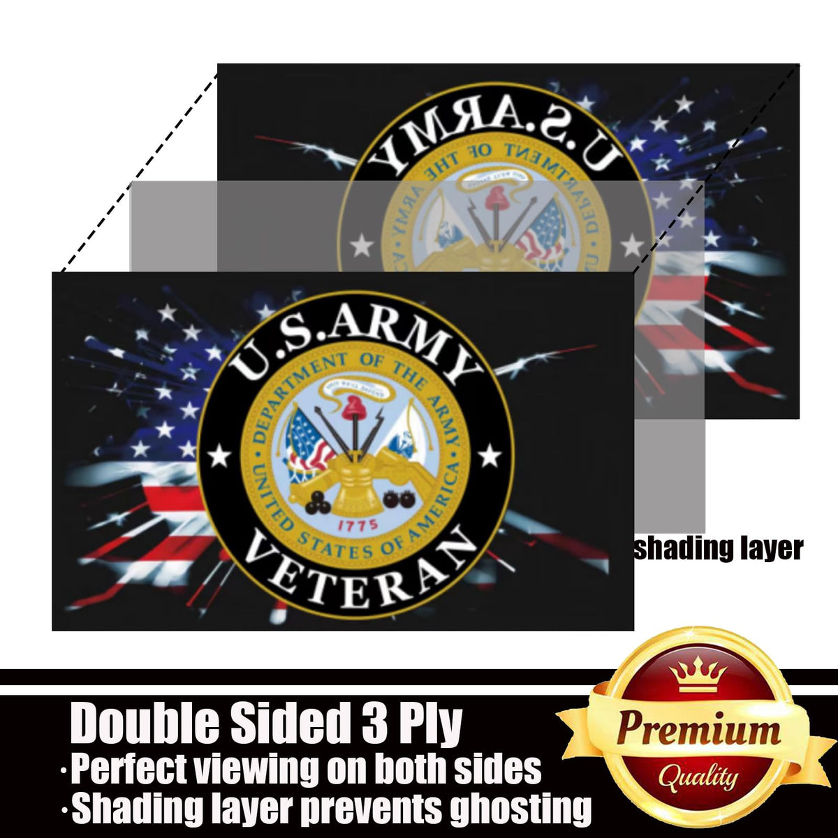 Ducuh double-sided army veteran flag 3-ply with reinforced stitching.