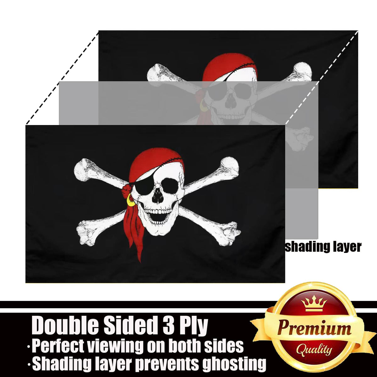 Ducuh double-sided skull and bones flag clearly visible from both sides